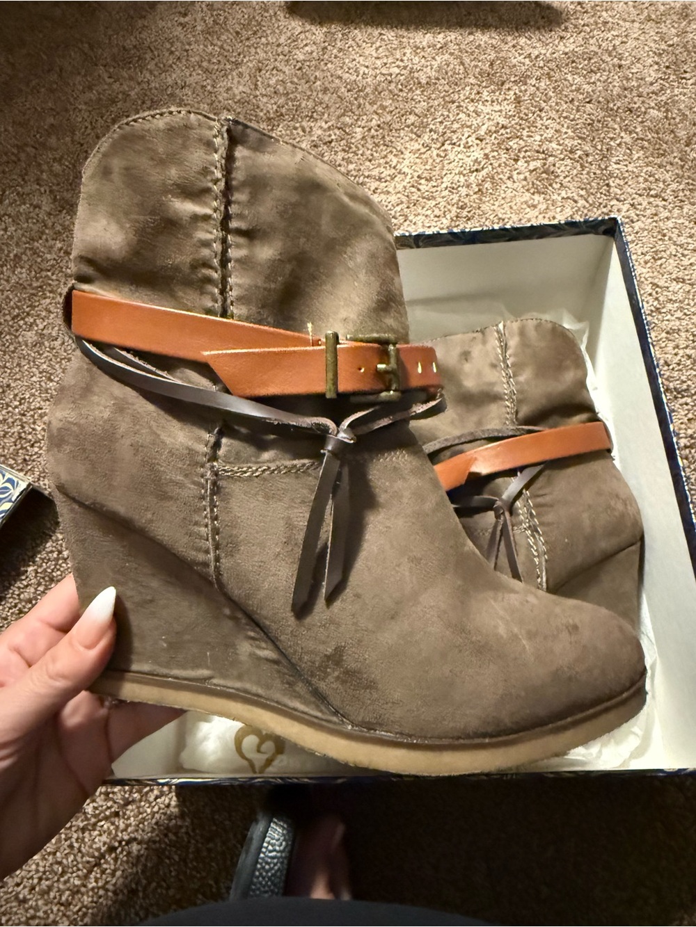 MIA Taupe Wedge Ankle Boots with Brown Strap